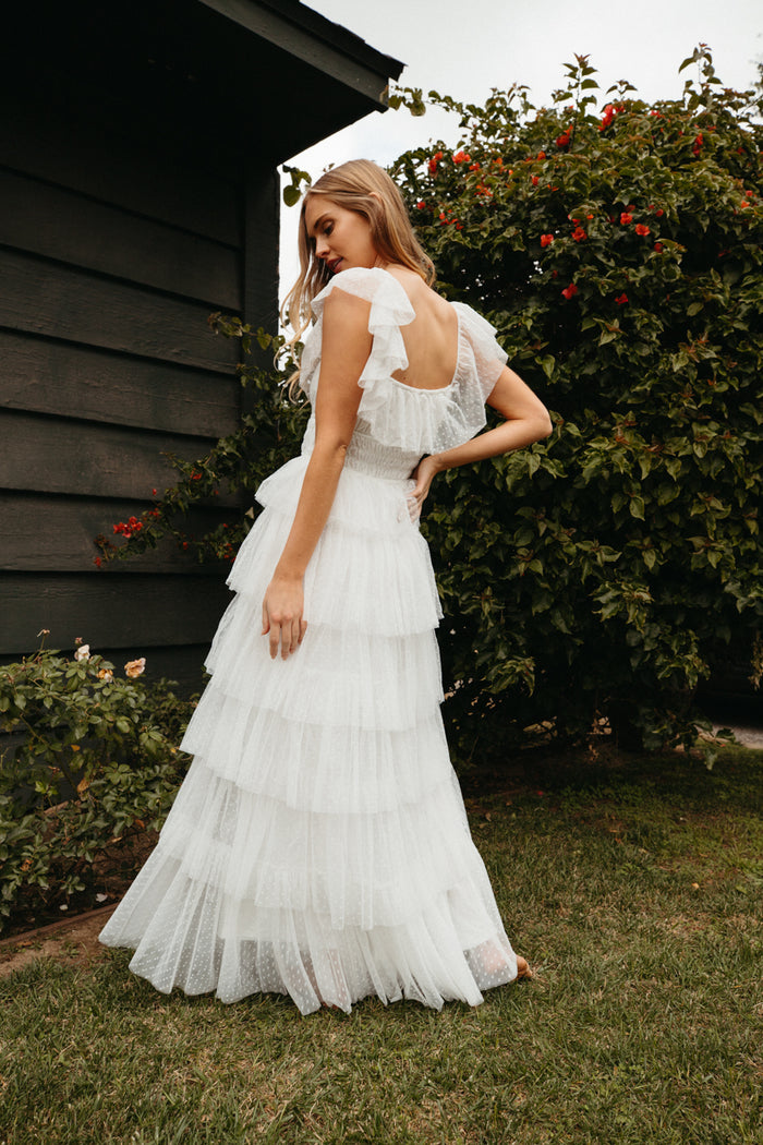delicate white tired maxi dress | tiered white lace maxi dress