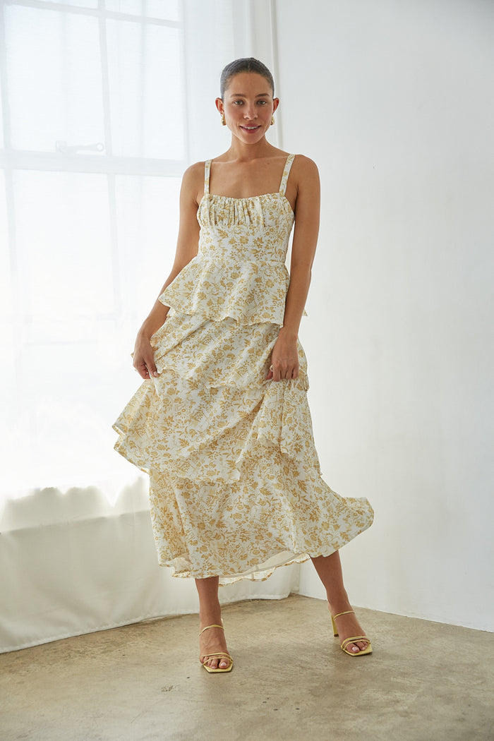 yellow-image | front view | yellow floral bustier corset maxi dress with tiered skirt