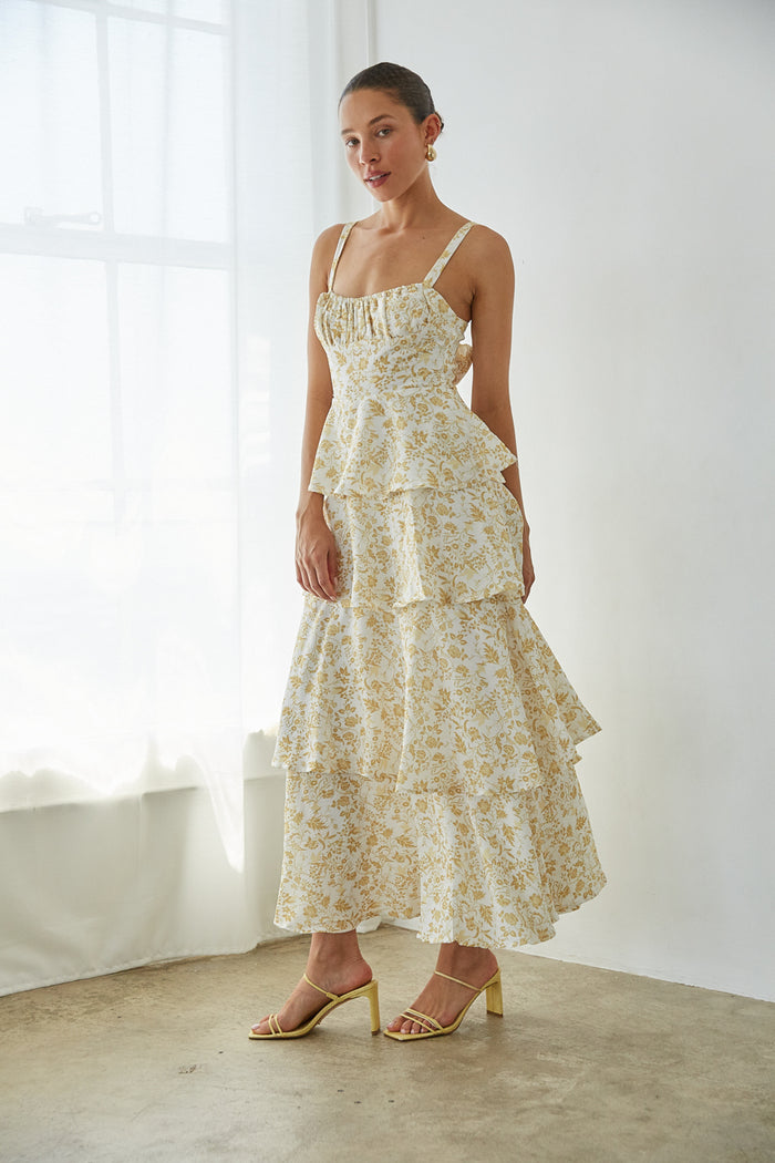 side view | yellow floral bustier corset maxi dress with tiered skirt
