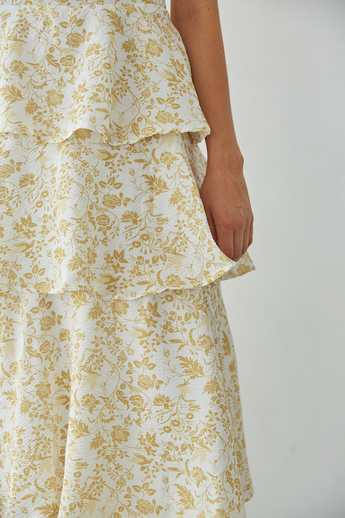 yellow floral tiered maxi dress
