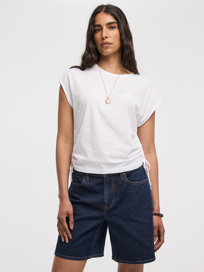 Extended-Sleeve Shirred Tee with Drawstrings
