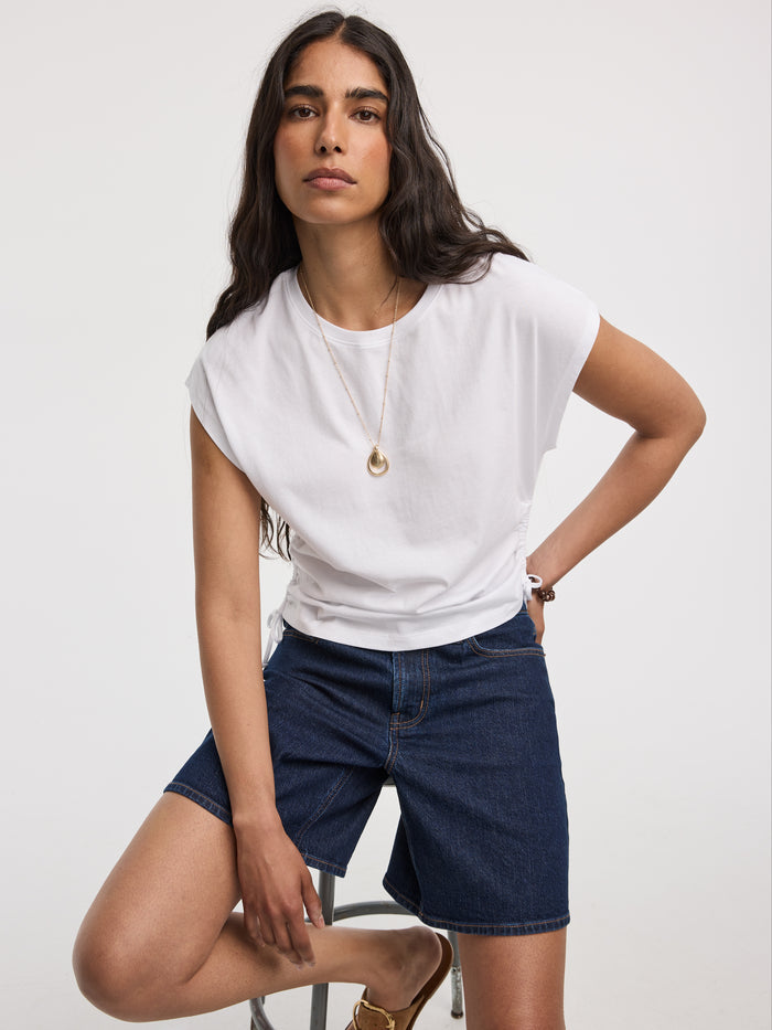 Extended-Sleeve Shirred Tee with Drawstrings