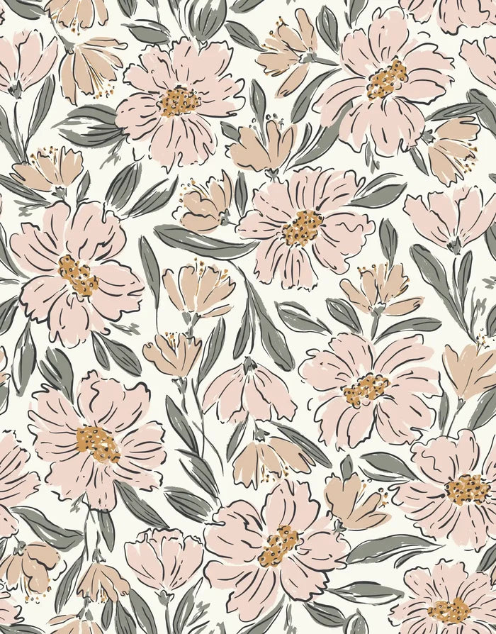 Fallen Blooms Peach Pink Sage Green - Family Fabrics B.V.