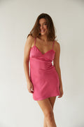 front view | fuchsia pink lace trim satin mini dress | hoco dress 2024