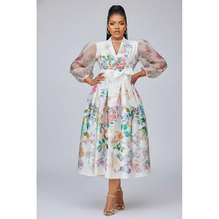 Fashion Style Floral Lace Long Sleeve Midi Dress