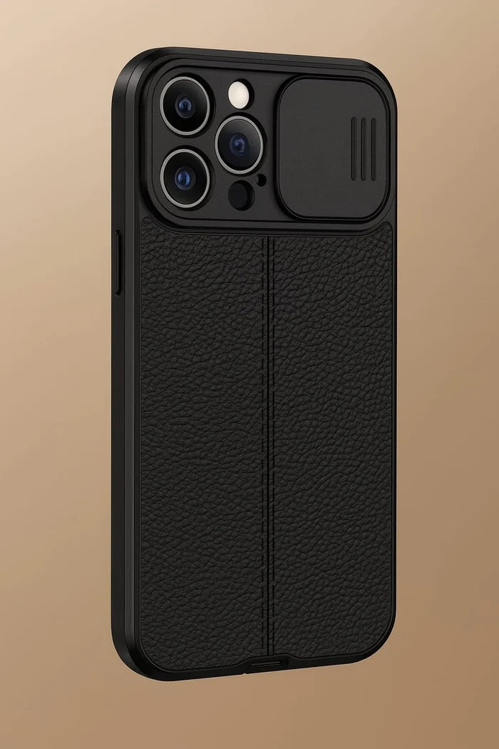 Faux Leather Mobile Case â€“ Black with Camera Slide Cover