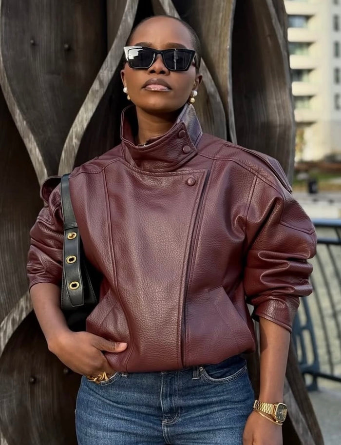 Faux Leather Oversized High Neck Biker Jacket