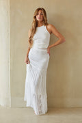 white-image | Front-image | Tiered Maxi Skirt | front view of the white skirt with delicate lace tiers and a fitted waistband.