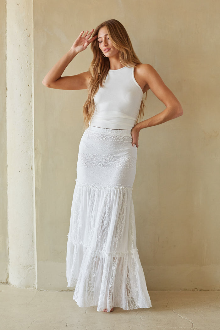 Full-image | Tiered Maxi Skirt | full-length view showcasing the flowy design of the maxi skirt and tiered lace fabric.