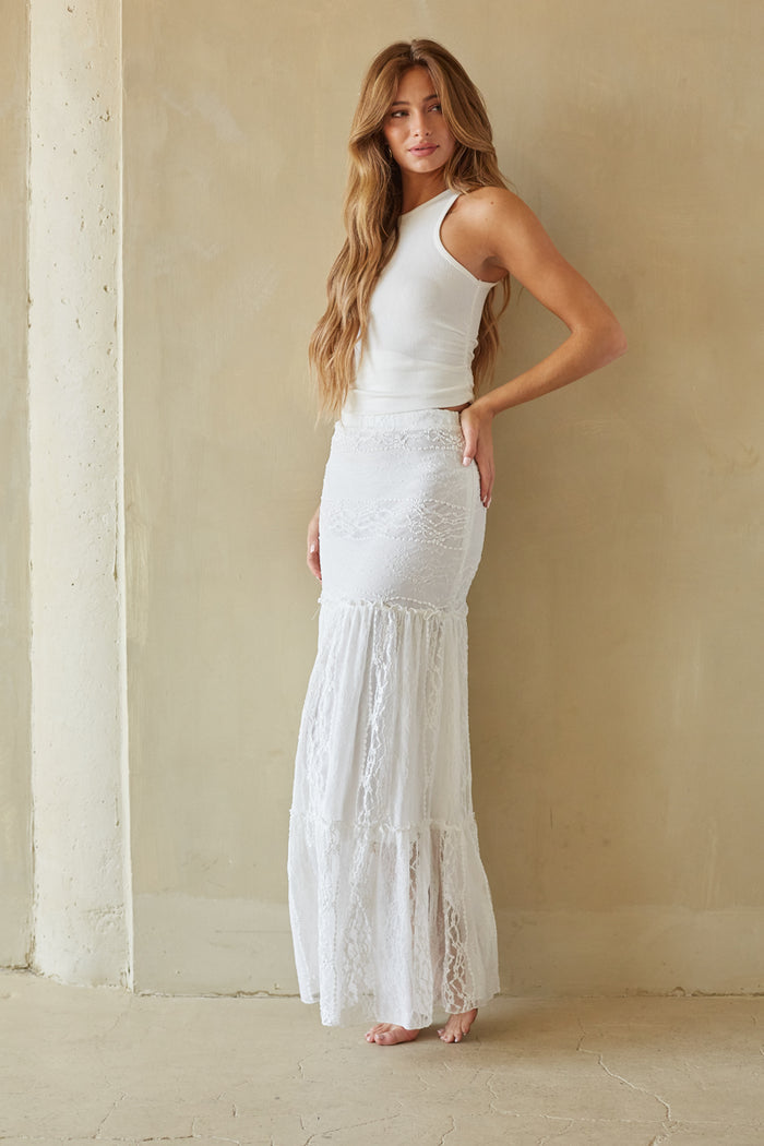 Style-image | Tiered Maxi Skirt | styled look featuring the maxi skirt paired with a simple white top.