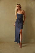 gray one shoulder maxi bodycon dress - fall 2023 wedding guest dress - elegant maxi dress