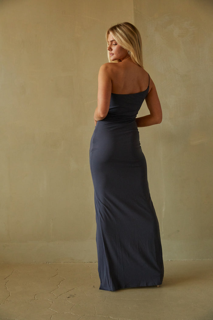 gray one shoulder maxi dress - elegant maxi dresses - dark gray evening dress