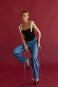 black bustier corset top with white satin ribbon straps | valentines gong out tops
