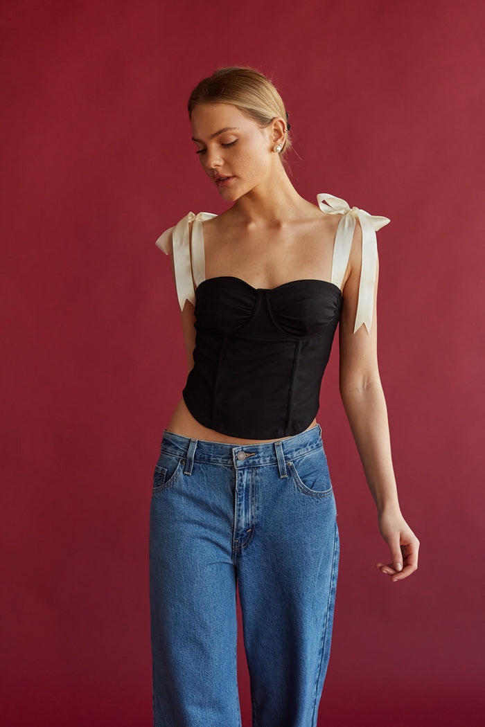 black sweetheart corset top with white silk robbon straps that tie into bows on shoulder | coquette going out top