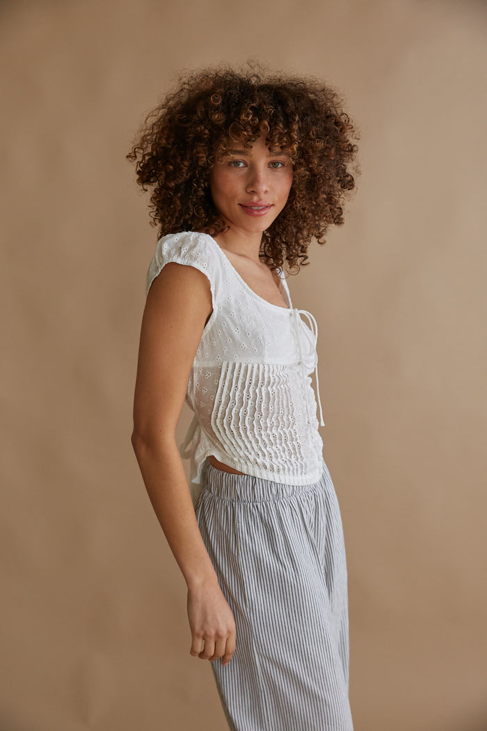 white pleated bodice off the shoulder puff sleeve top