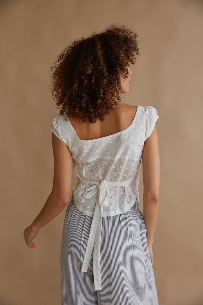 white eyelet tie back off the shoulder puff sleeve top