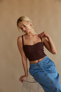 Brown ribbed crop top- corset inspired sweater top | brown-image