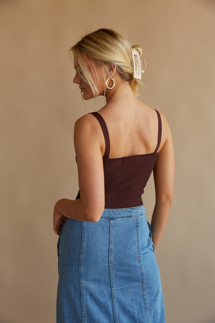 brown ribbed tank top - cropped corset style knit top