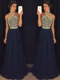 Floor Length Halter Neck Royal Blue Prom Dress, Dark Blue Formal Dress, Graduation Dress
