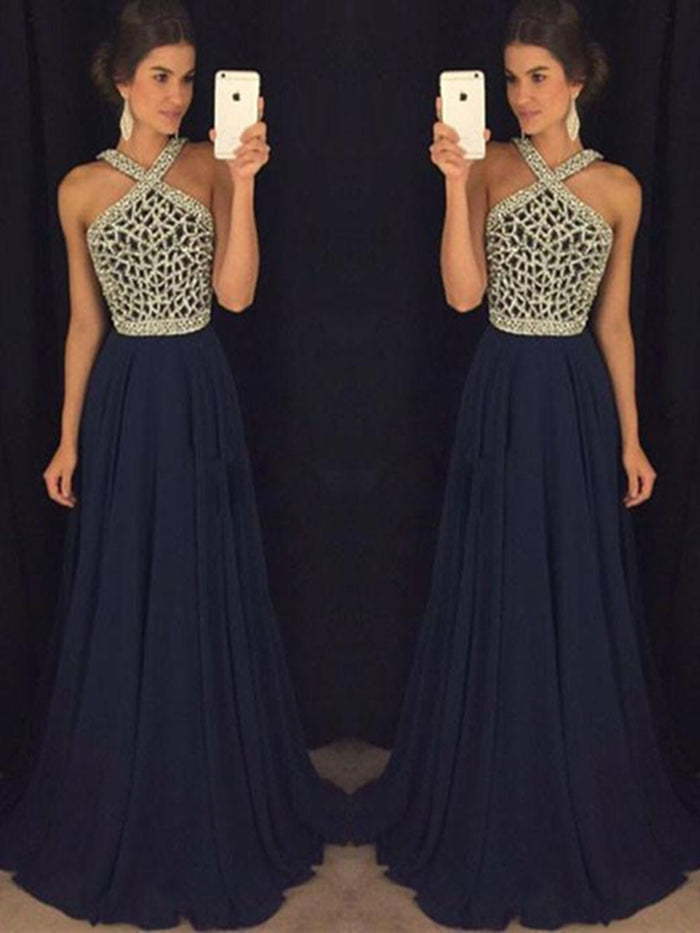Floor Length Halter Neck Royal Blue Prom Dress, Dark Blue Formal Dress, Graduation Dress