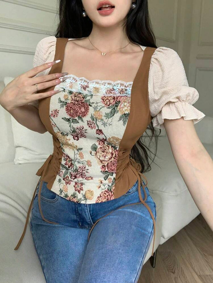 Floral Contrast Corset Style Blouse – Puff Sleeve Lace Trim Top – Side Tie Slim Fit Vintage Look