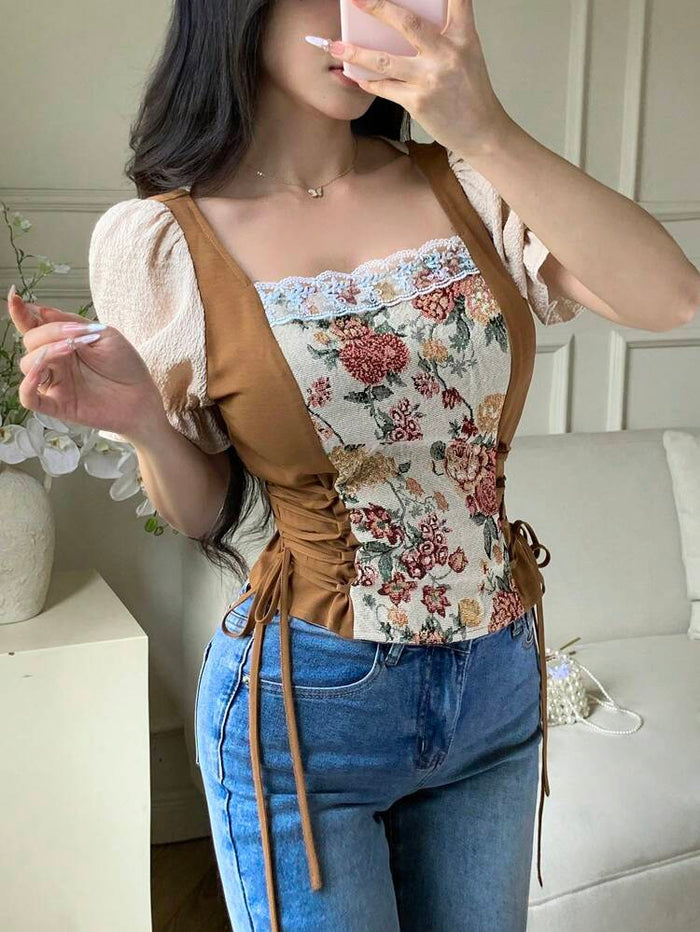 Floral Contrast Corset Style Blouse – Puff Sleeve Lace Trim Top – Side Tie Slim Fit Vintage Look