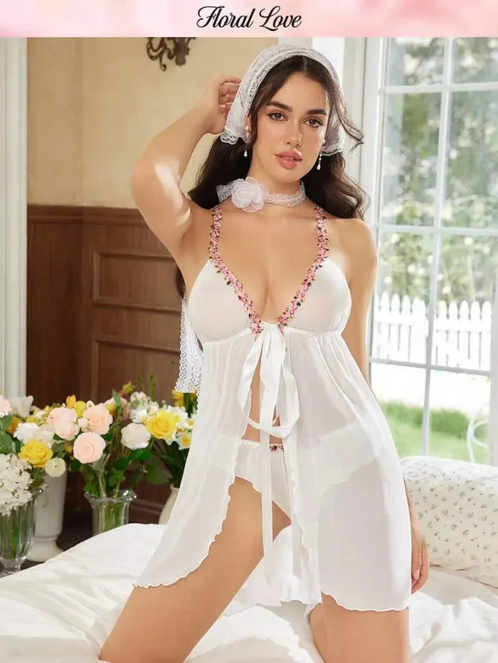 Floral Love White Babydoll Lingerie Set â€“ Sheer Romantic Nightwear | Shein Instant Delicado