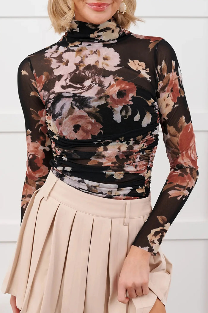 Floral Mesh Long Sleeve High Neck Bodysuit – Brown