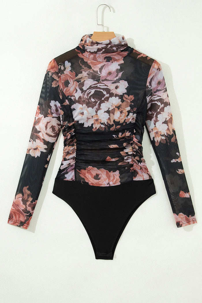 Floral Mesh Long Sleeve High Neck Bodysuit – Brown