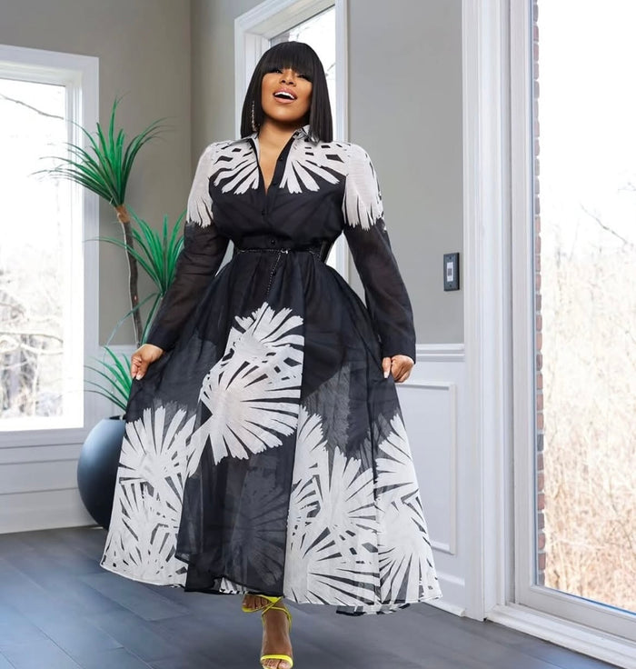 Floral Print Button-Down Half Placket Belted Dress