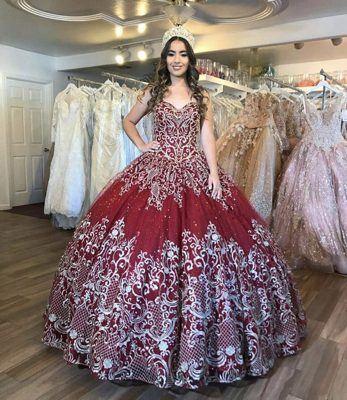Floral Print Sweetheart Burgundy Quinceanera Dress - Envious Designs