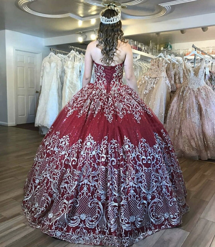 Floral Print Sweetheart Burgundy Quinceanera Dress - Envious Designs