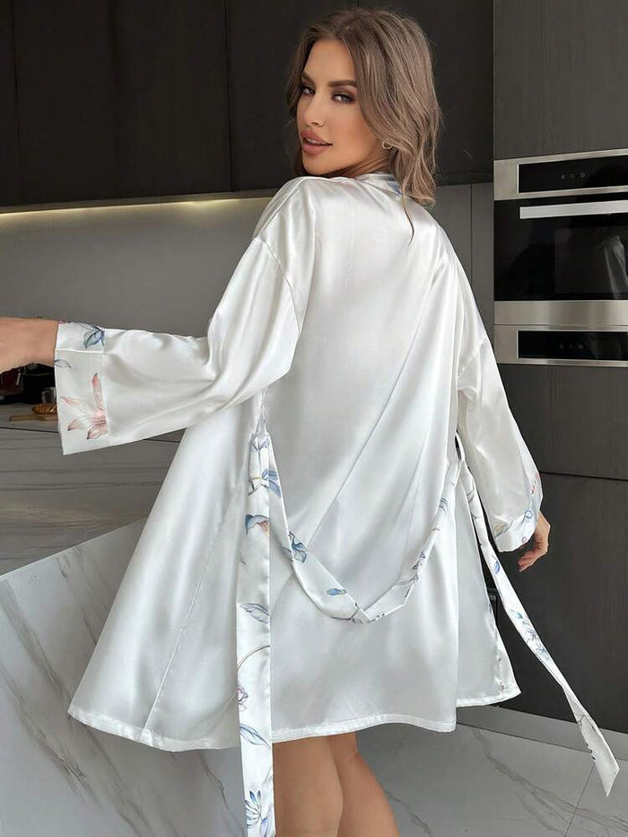 Floral Satin Night Dress with Robe – Elegant Lace Trim Sleepwear Set