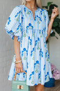 Floral Striped Tie Neck Puff Sleeve Mini Dress – Light Blue & Pink