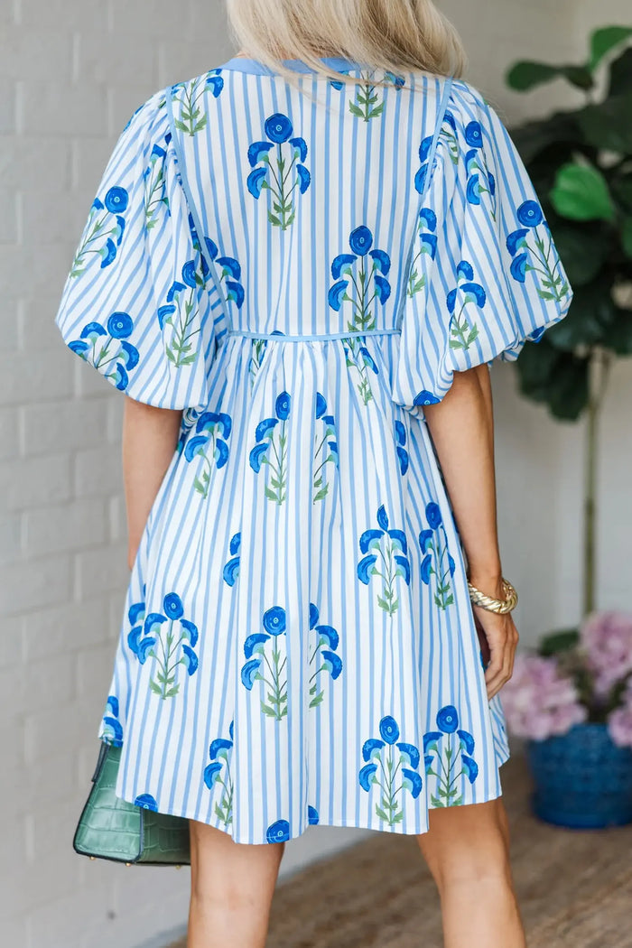 Floral Striped Tie Neck Puff Sleeve Mini Dress – Light Blue & Pink