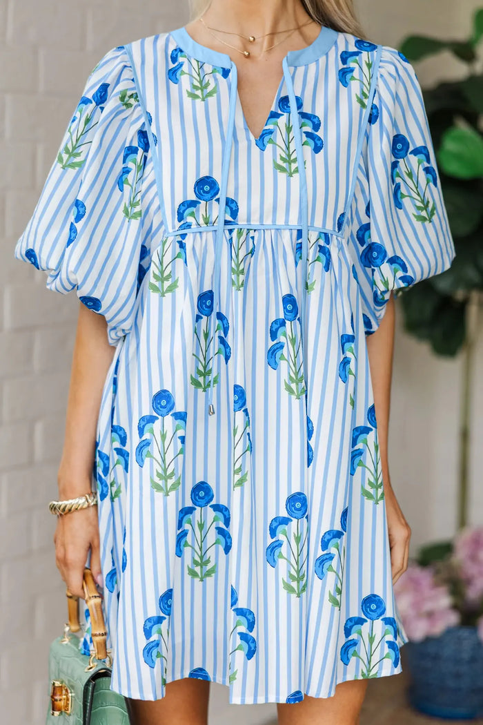 Floral Striped Tie Neck Puff Sleeve Mini Dress – Light Blue & Pink