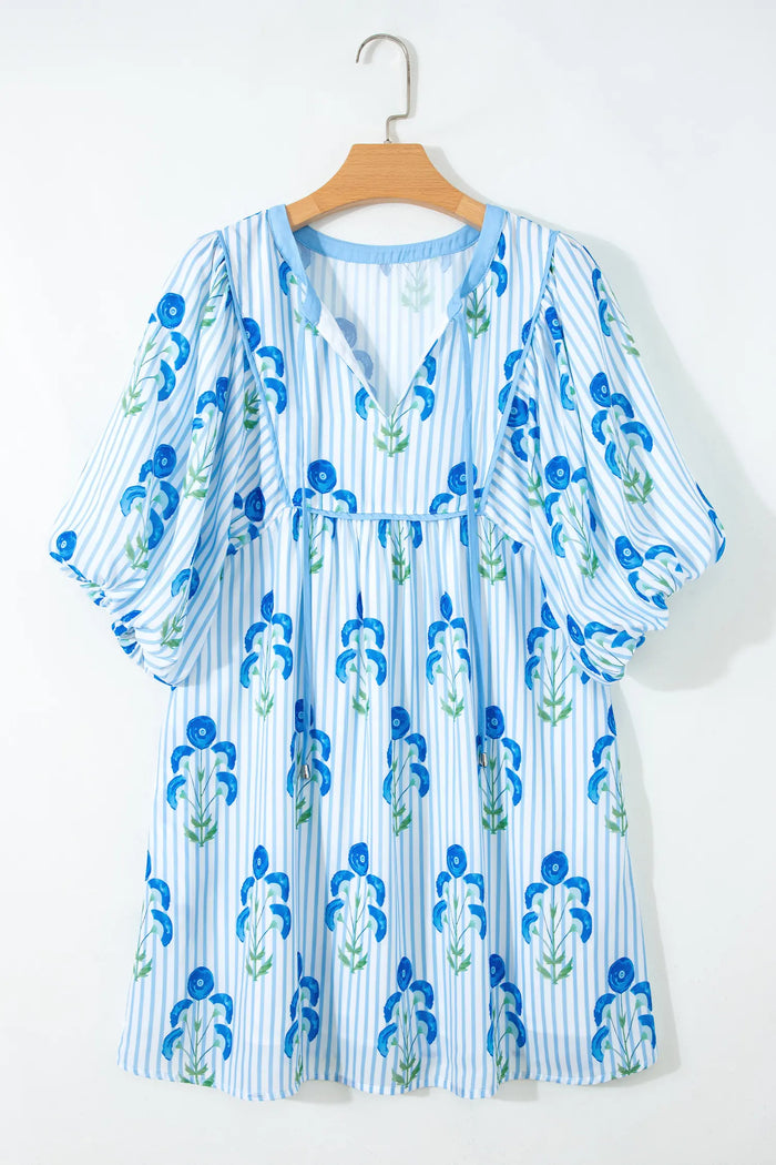 Floral Striped Tie Neck Puff Sleeve Mini Dress – Light Blue & Pink