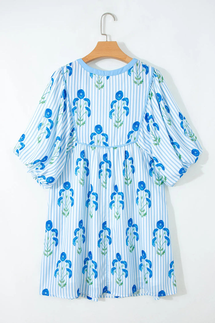Floral Striped Tie Neck Puff Sleeve Mini Dress – Light Blue & Pink