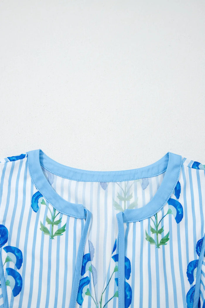 Floral Striped Tie Neck Puff Sleeve Mini Dress – Light Blue & Pink