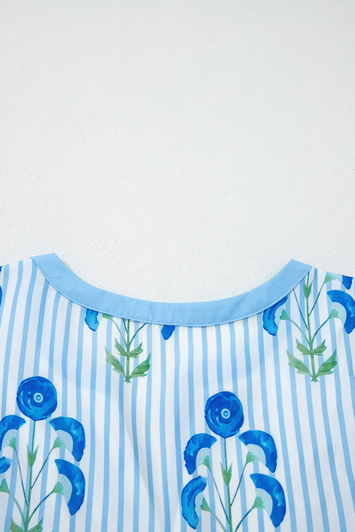 Floral Striped Tie Neck Puff Sleeve Mini Dress – Light Blue & Pink