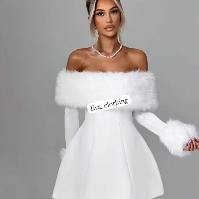 Fluffy Trim Off Shoulder Mini Dress