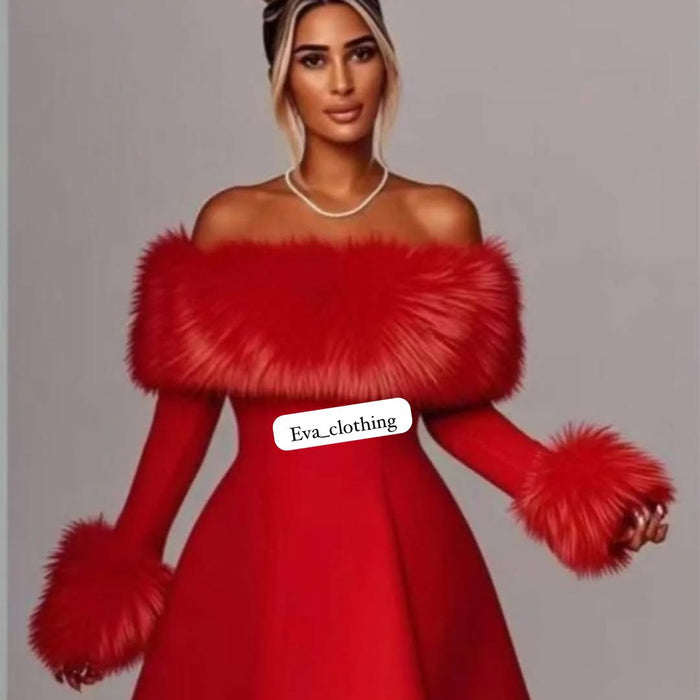 Fluffy Trim Off Shoulder Mini Dress