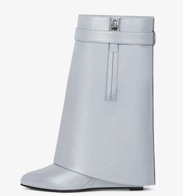 Fold Designer Wedge Heeled High Heel Boots Women Pointed Toe Shark Lock Height Increased Short Boots