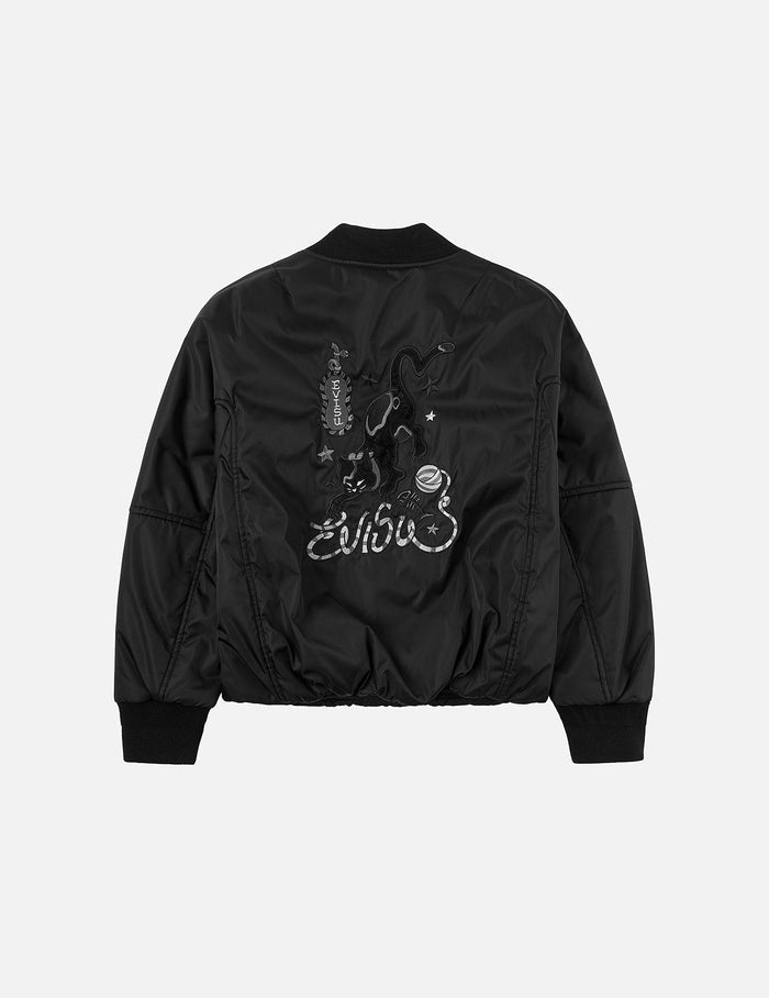 Fuzzy Cat Appliqué and Logo Embroidery Drop-Shoulder Bomber Jacket