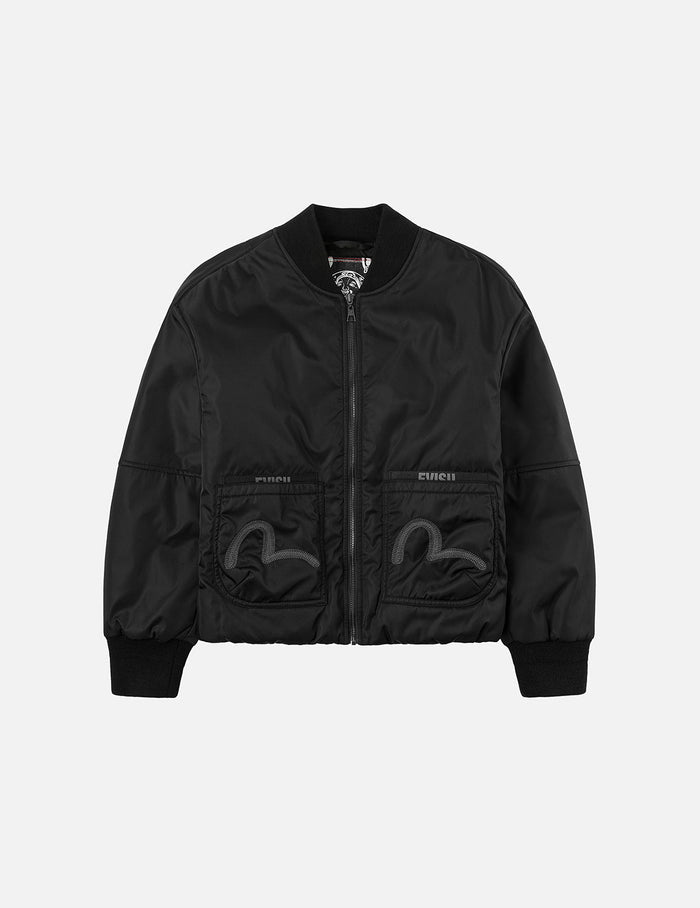Fuzzy Cat Appliqué and Logo Embroidery Drop-Shoulder Bomber Jacket