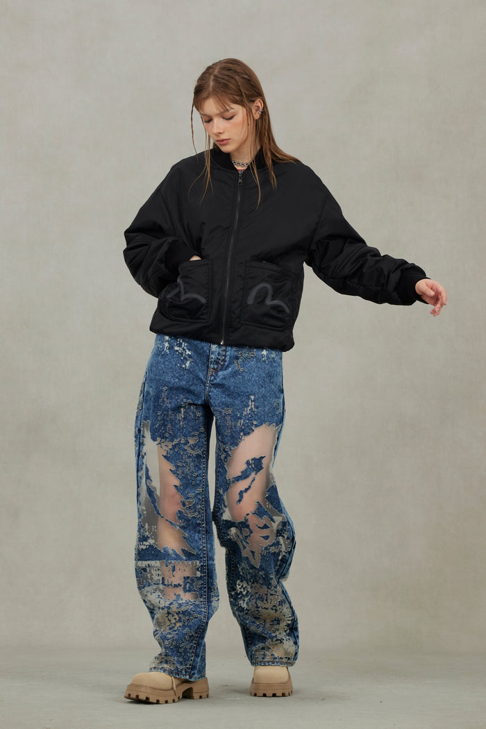 Fuzzy Cat Appliqué and Logo Embroidery Drop-Shoulder Bomber Jacket