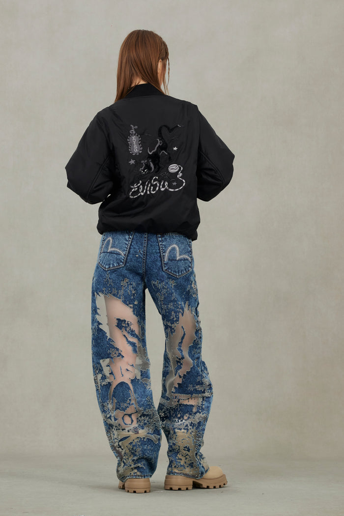 Fuzzy Cat Appliqué and Logo Embroidery Drop-Shoulder Bomber Jacket