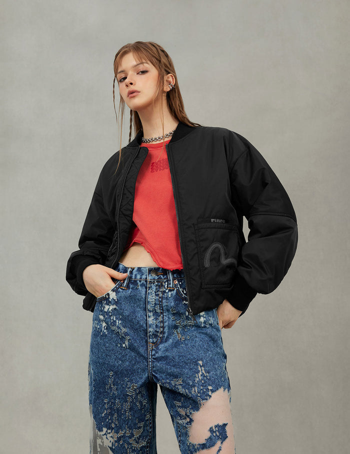 Fuzzy Cat Appliqué and Logo Embroidery Drop-Shoulder Bomber Jacket