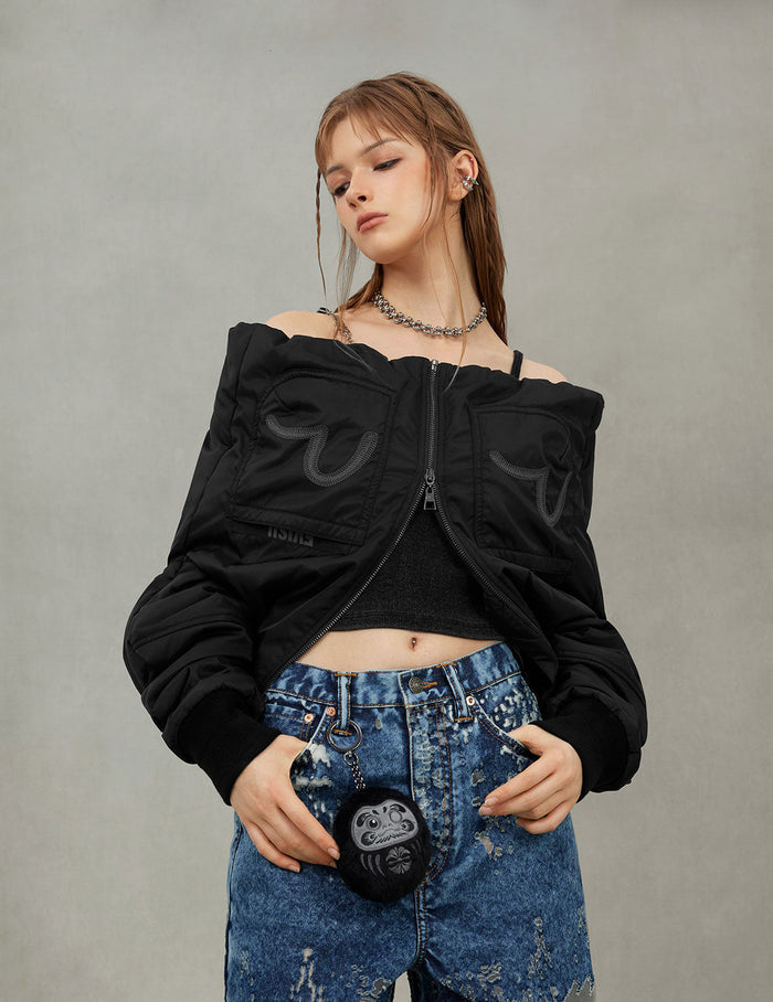 Fuzzy Cat Appliqué and Logo Embroidery Drop-Shoulder Bomber Jacket