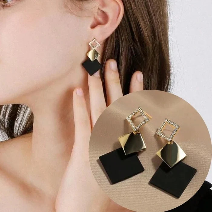 Geometric Black and Gold Drop Earrings for Women